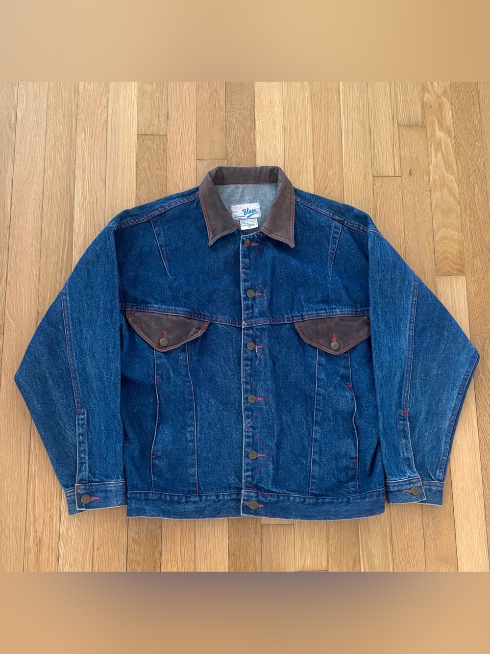 Vintage Weathered Blues Western Denim Jacket M Leather Collar 80s 90s Uruguay